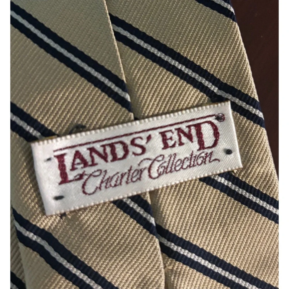 Lands' End Charter Collection Mens Yellow Navy Striped Silk Preppy Made USA Tie